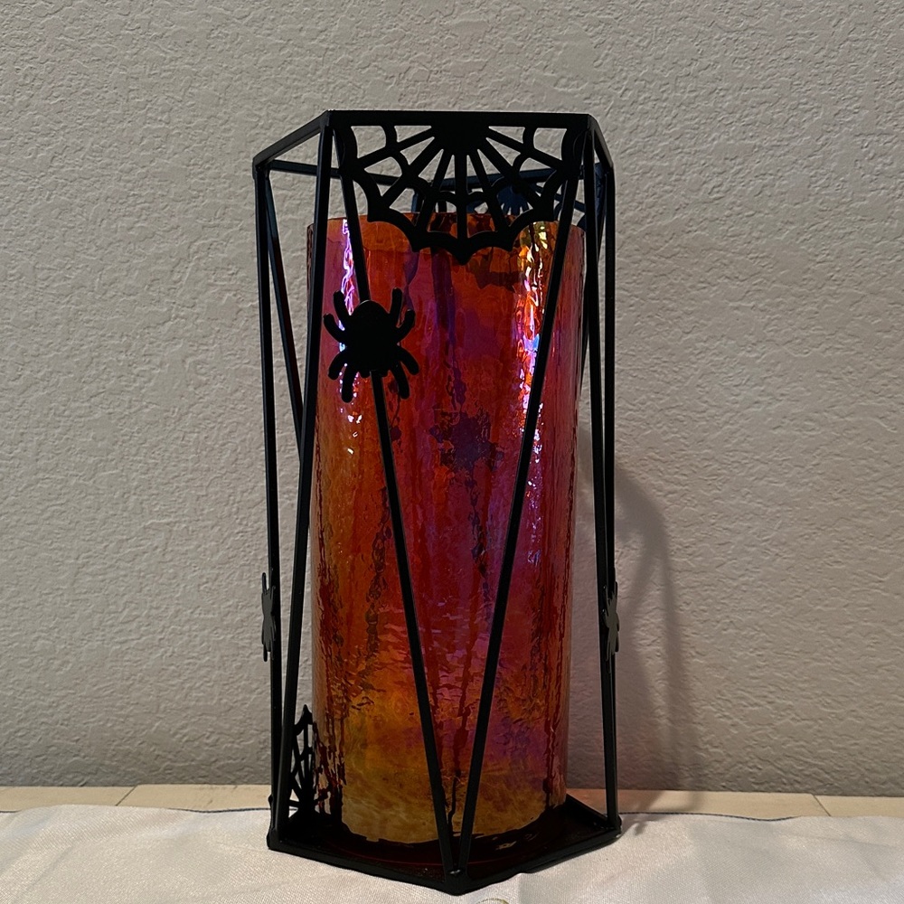 Iridescent Orange Glass Candle Holder with Black Spider Frame